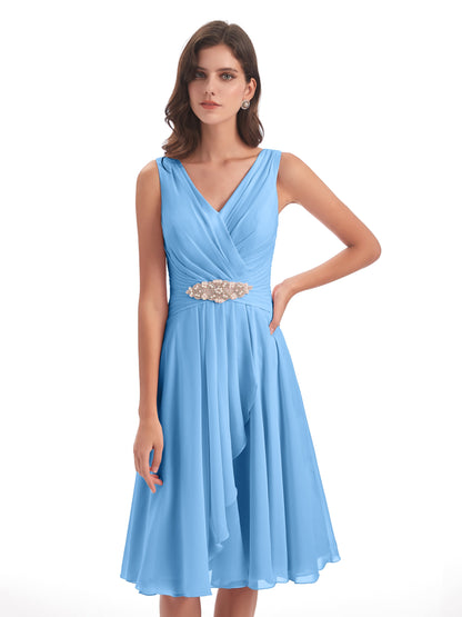 Caylee Knee Length V-neck Asymmetrical Chiffon Bridesmaid Dresses