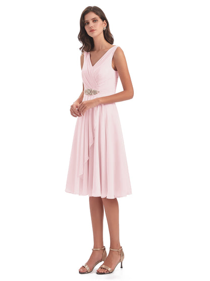 Caylee Knee Length V-neck Asymmetrical Chiffon Bridesmaid Dresses