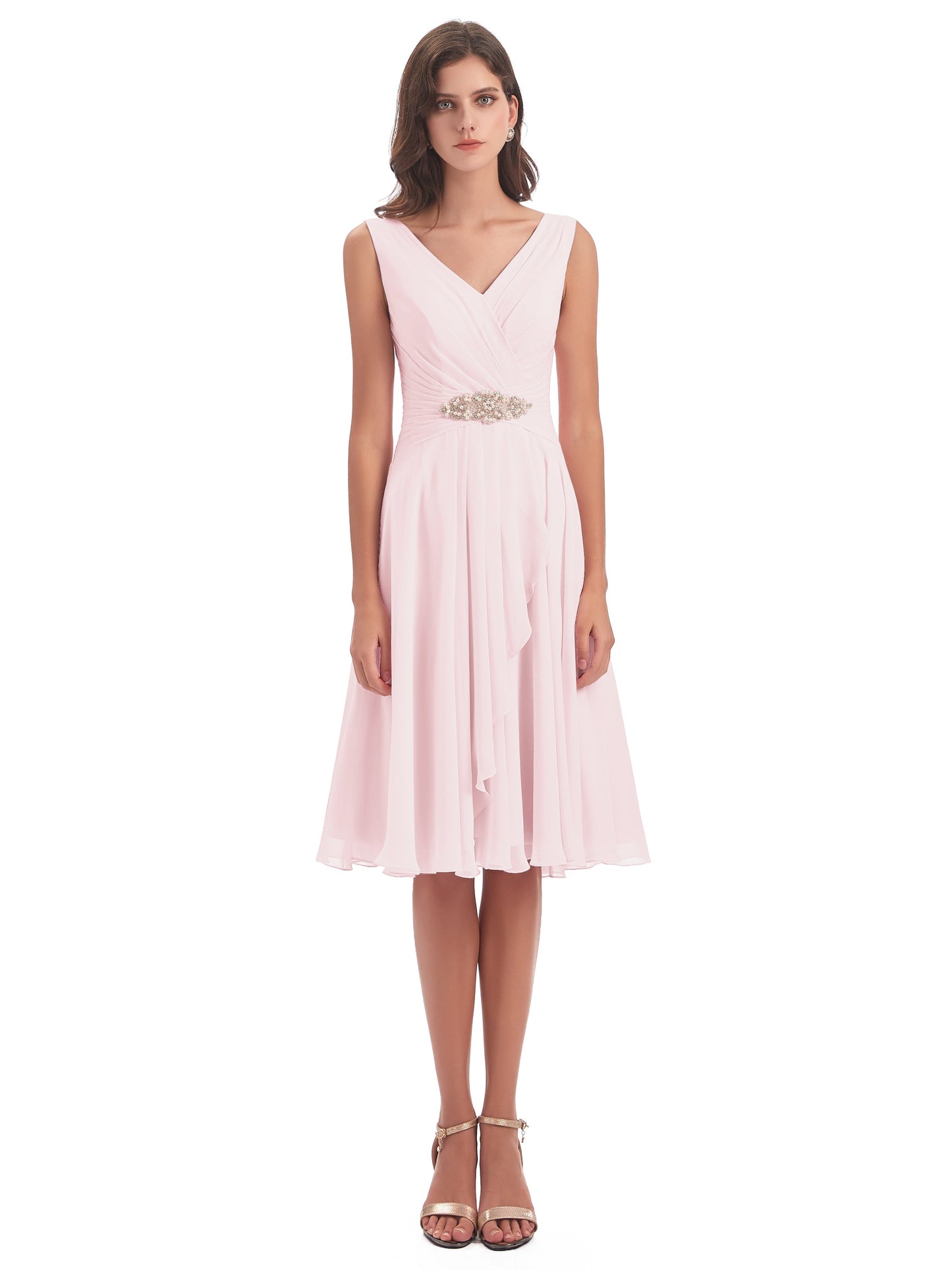 Caylee Knee Length V-neck Asymmetrical Chiffon Bridesmaid Dresses