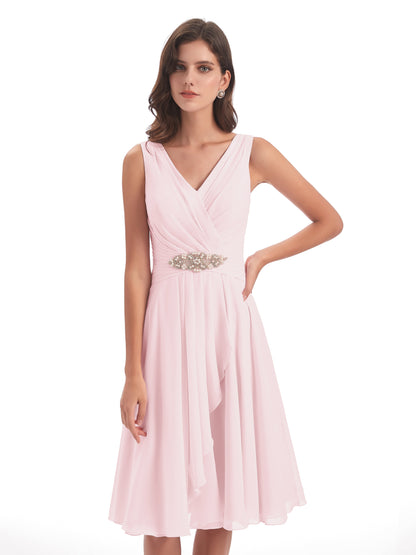 Caylee Knee Length V-neck Asymmetrical Chiffon Bridesmaid Dresses