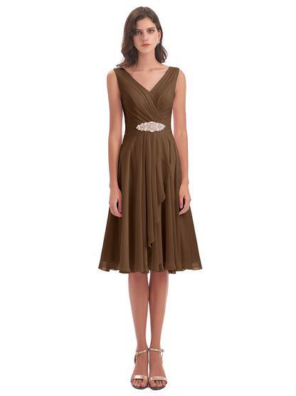 Caylee Knee Length V-neck Asymmetrical Chiffon Bridesmaid Dresses