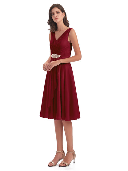 Caylee Knee Length V-neck Asymmetrical Chiffon Bridesmaid Dresses
