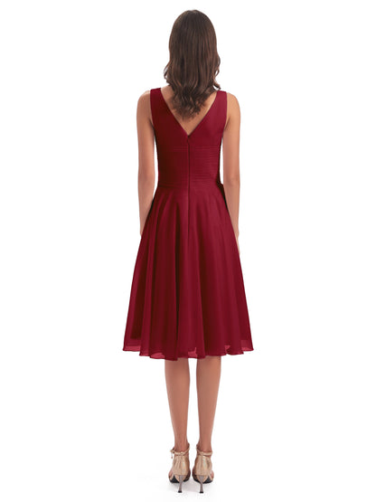 Caylee Knee Length V-neck Asymmetrical Chiffon Bridesmaid Dresses