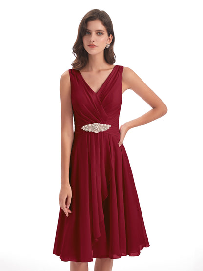 Caylee Knee Length V-neck Asymmetrical Chiffon Bridesmaid Dresses