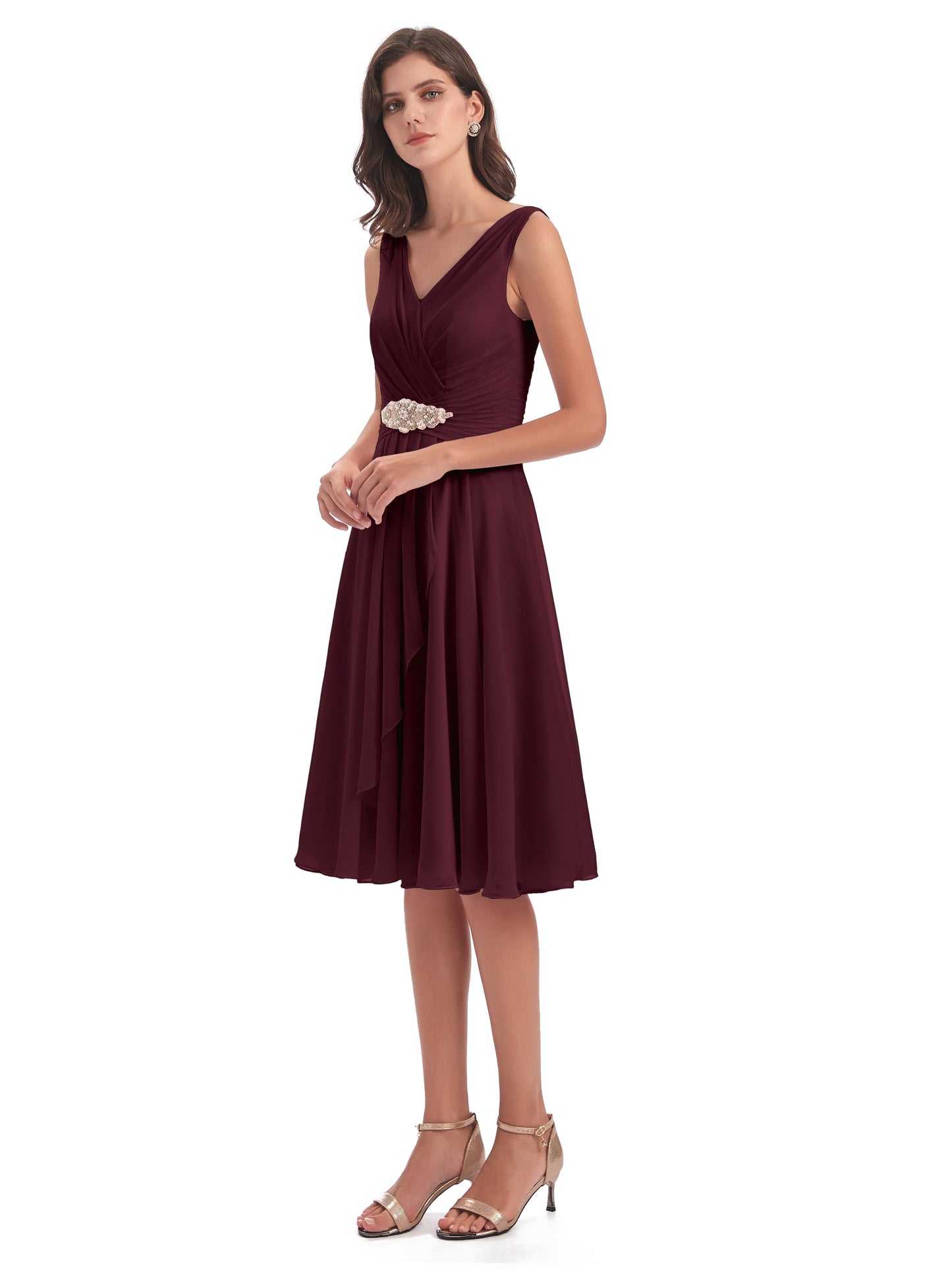 Caylee Knee Length V-neck Asymmetrical Chiffon Bridesmaid Dresses