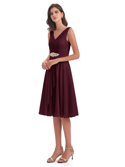 Caylee Knee Length V-neck Asymmetrical Chiffon Bridesmaid Dresses