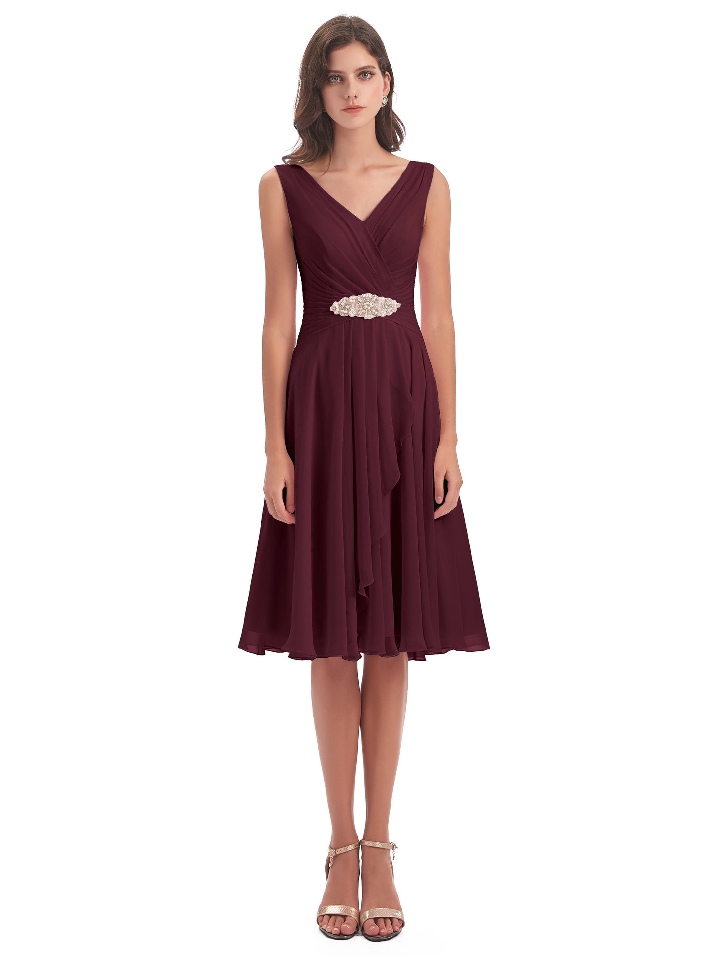 Caylee Knee Length V-neck Asymmetrical Chiffon Bridesmaid Dresses