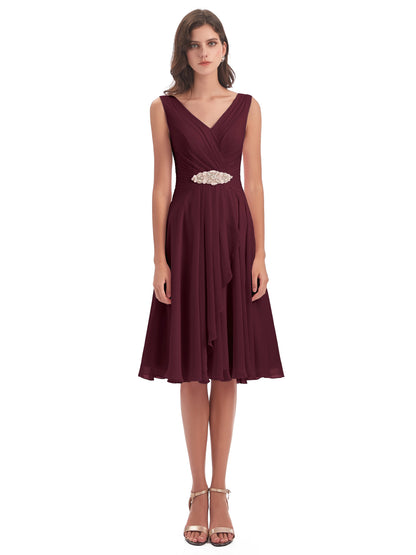 Caylee Knee Length V-neck Asymmetrical Chiffon Bridesmaid Dresses