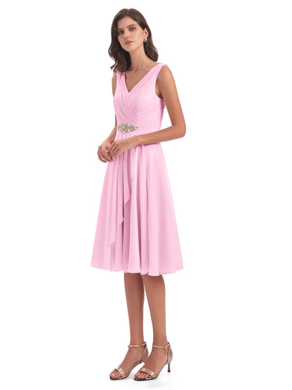 Caylee Knee Length V-neck Asymmetrical Chiffon Bridesmaid Dresses