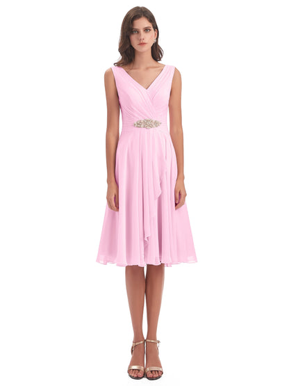 Caylee Knee Length V-neck Asymmetrical Chiffon Bridesmaid Dresses