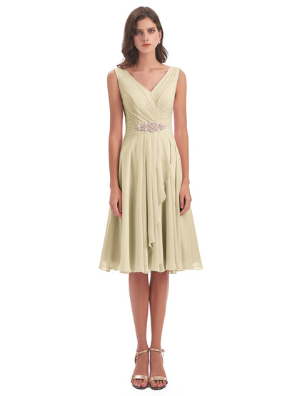 Caylee Knee Length V-neck Asymmetrical Chiffon Bridesmaid Dresses