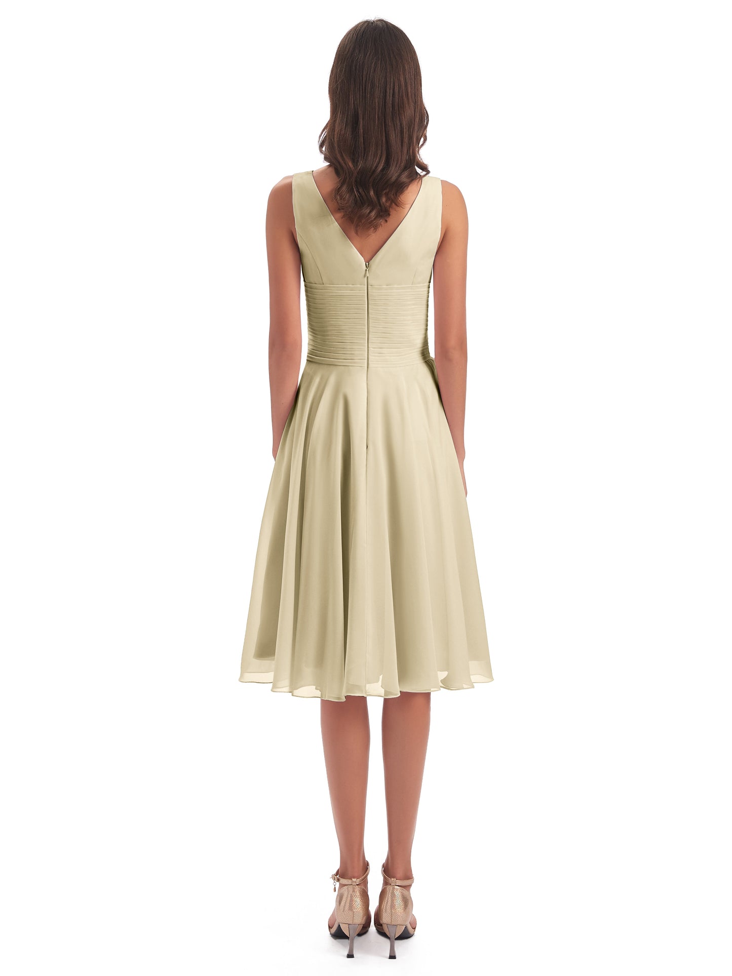Caylee Knee Length V-neck Asymmetrical Chiffon Bridesmaid Dresses