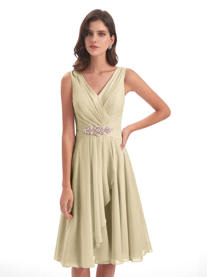Caylee Knee Length V-neck Asymmetrical Chiffon Bridesmaid Dresses