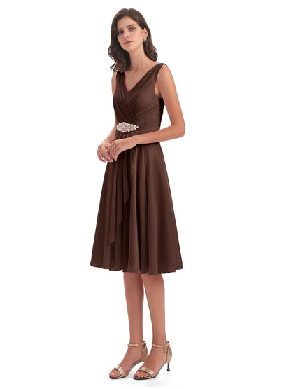 Caylee Knee Length V-neck Asymmetrical Chiffon Bridesmaid Dresses