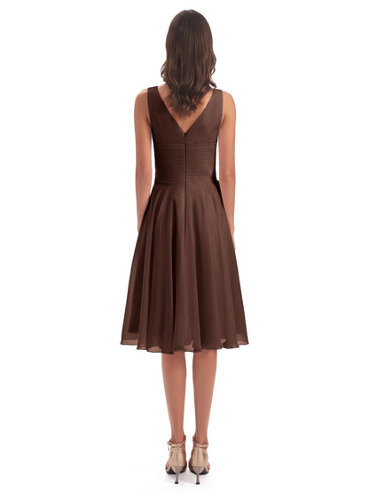 Caylee Knee Length V-neck Asymmetrical Chiffon Bridesmaid Dresses