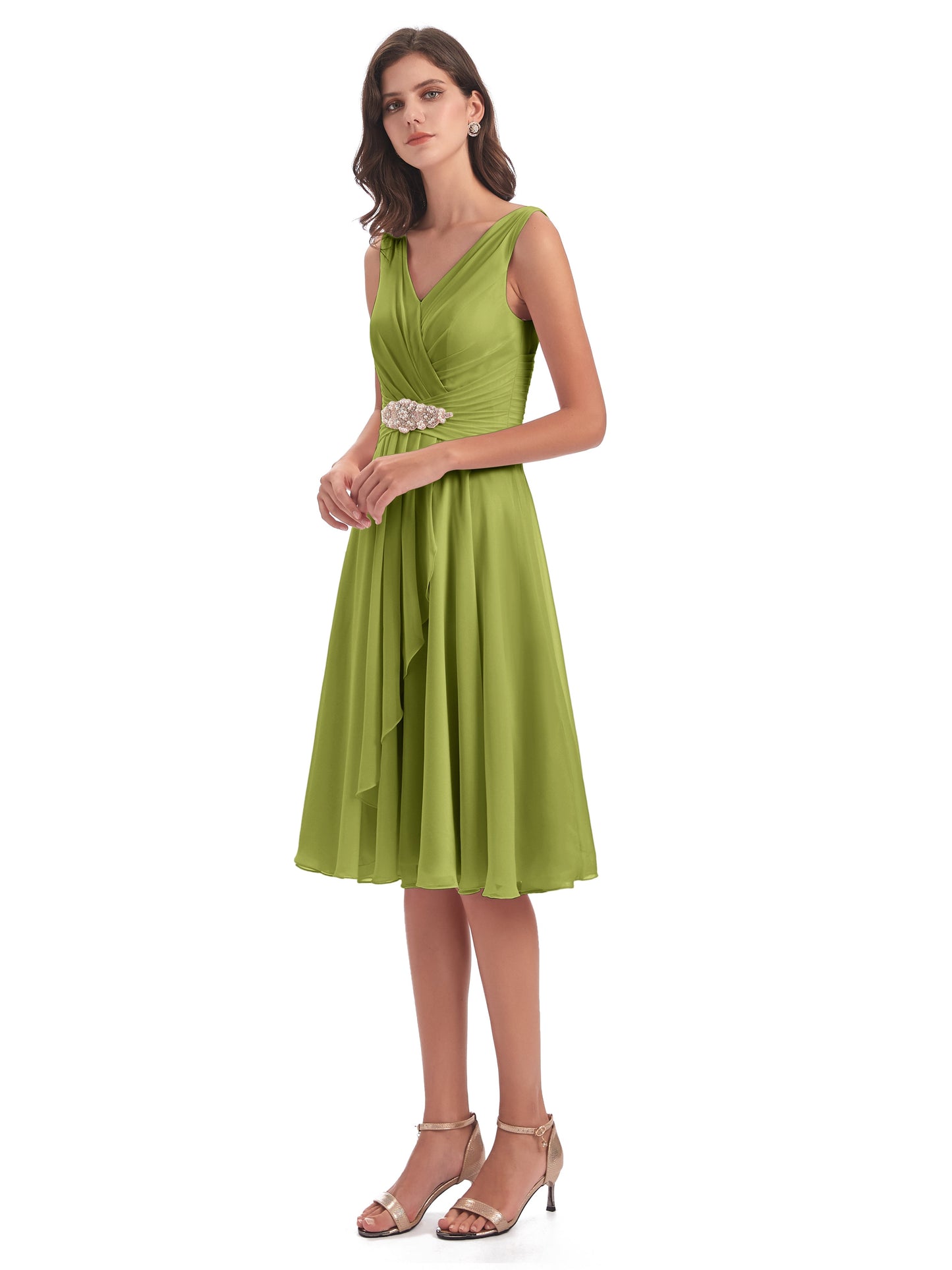 Caylee Knee Length V-neck Asymmetrical Chiffon Bridesmaid Dresses
