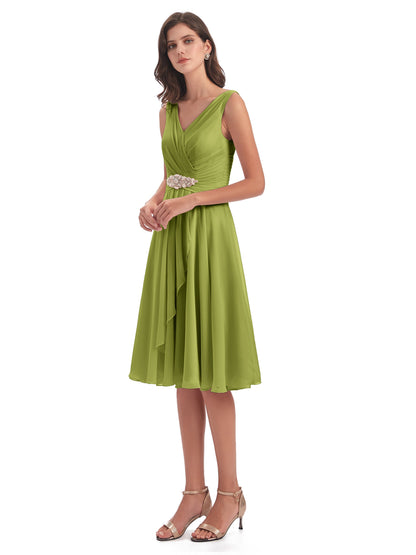 Caylee Knee Length V-neck Asymmetrical Chiffon Bridesmaid Dresses
