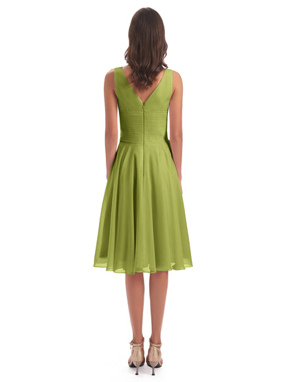 Caylee Knee Length V-neck Asymmetrical Chiffon Bridesmaid Dresses