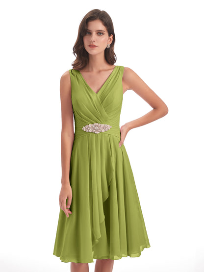 Caylee Knee Length V-neck Asymmetrical Chiffon Bridesmaid Dresses