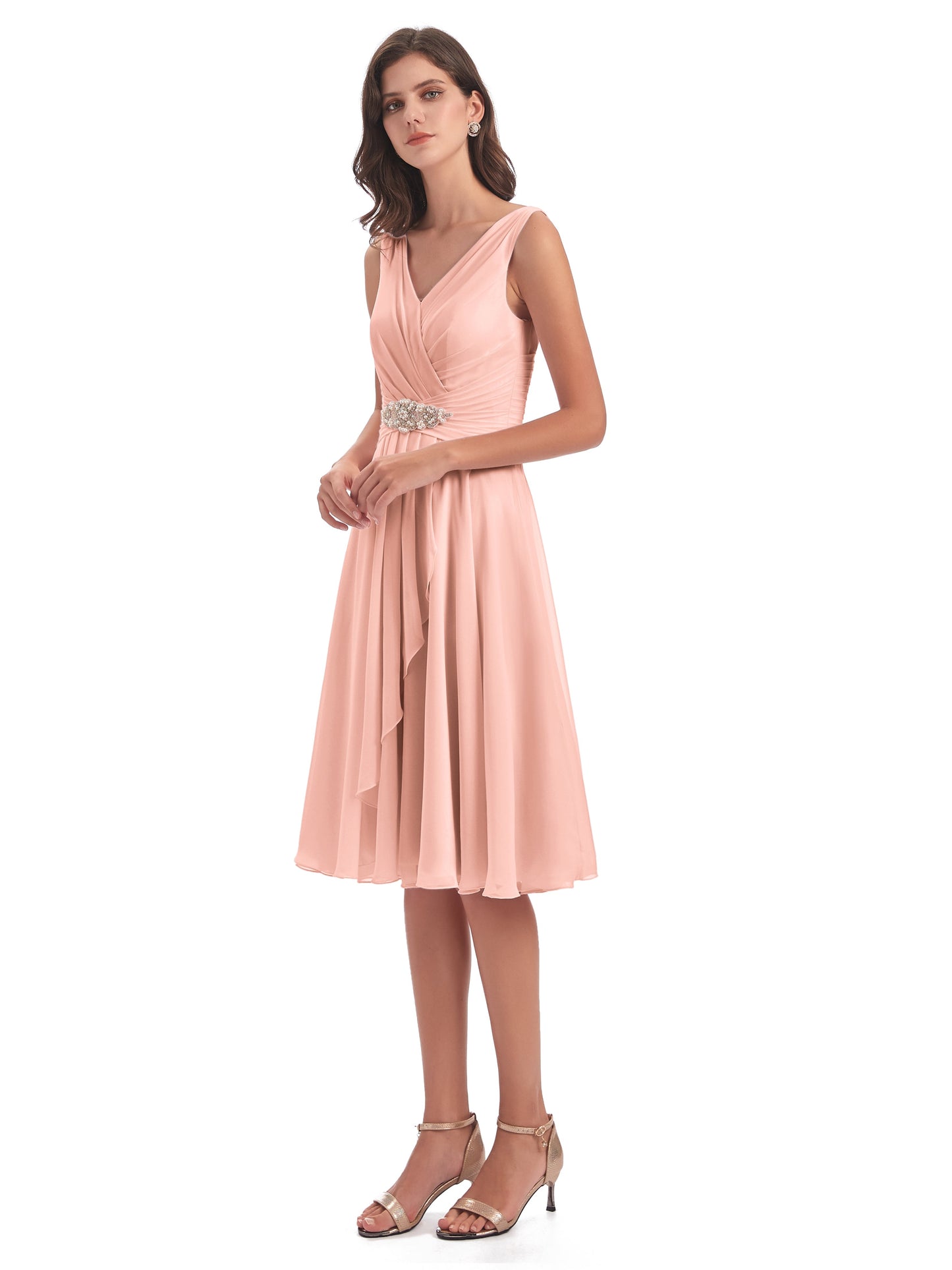 Caylee Knee Length V-neck Asymmetrical Chiffon Bridesmaid Dresses