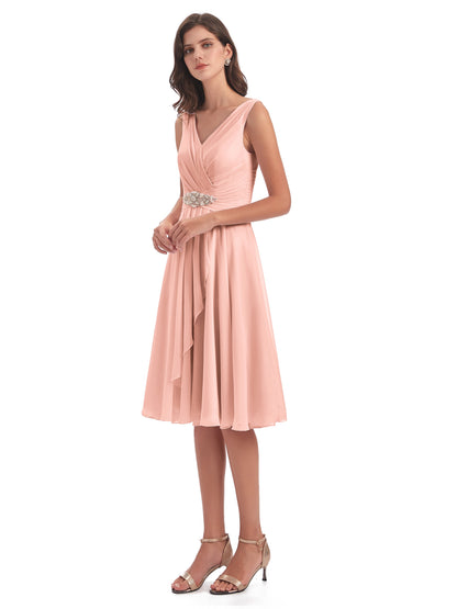 Caylee Knee Length V-neck Asymmetrical Chiffon Bridesmaid Dresses
