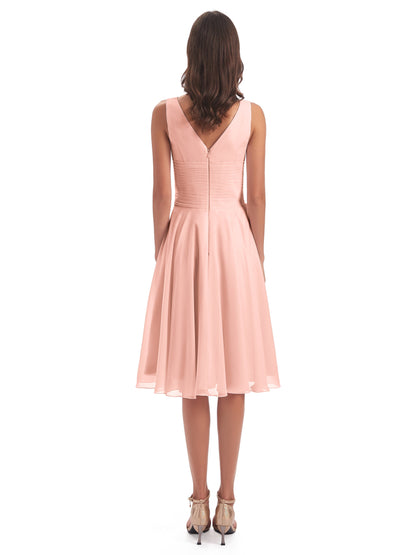 Caylee Knee Length V-neck Asymmetrical Chiffon Bridesmaid Dresses