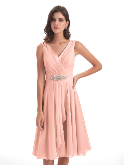 Caylee Knee Length V-neck Asymmetrical Chiffon Bridesmaid Dresses