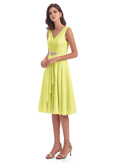Caylee Knee Length V-neck Asymmetrical Chiffon Bridesmaid Dresses