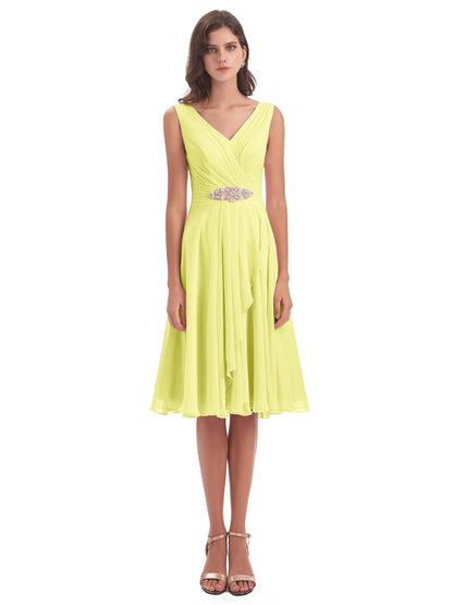 Caylee Knee Length V-neck Asymmetrical Chiffon Bridesmaid Dresses