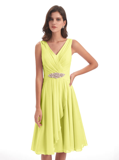 Caylee Knee Length V-neck Asymmetrical Chiffon Bridesmaid Dresses