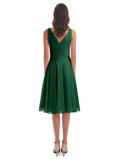 Caylee Knee Length V-neck Asymmetrical Chiffon Bridesmaid Dresses