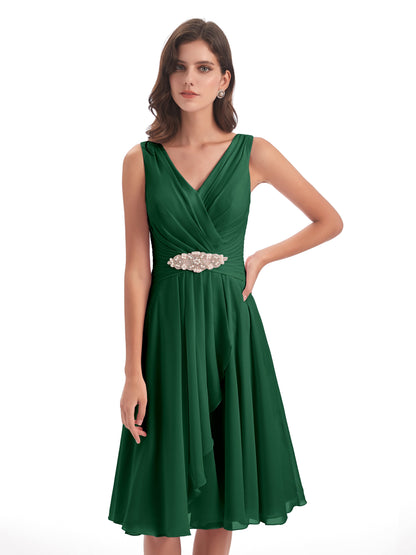Caylee Knee Length V-neck Asymmetrical Chiffon Bridesmaid Dresses