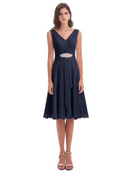 Caylee Knee Length V-neck Asymmetrical Chiffon Bridesmaid Dresses
