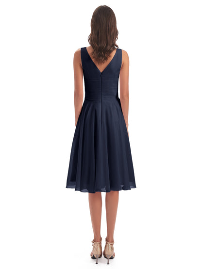 Caylee Knee Length V-neck Asymmetrical Chiffon Bridesmaid Dresses