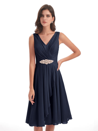 Caylee Knee Length V-neck Asymmetrical Chiffon Bridesmaid Dresses
