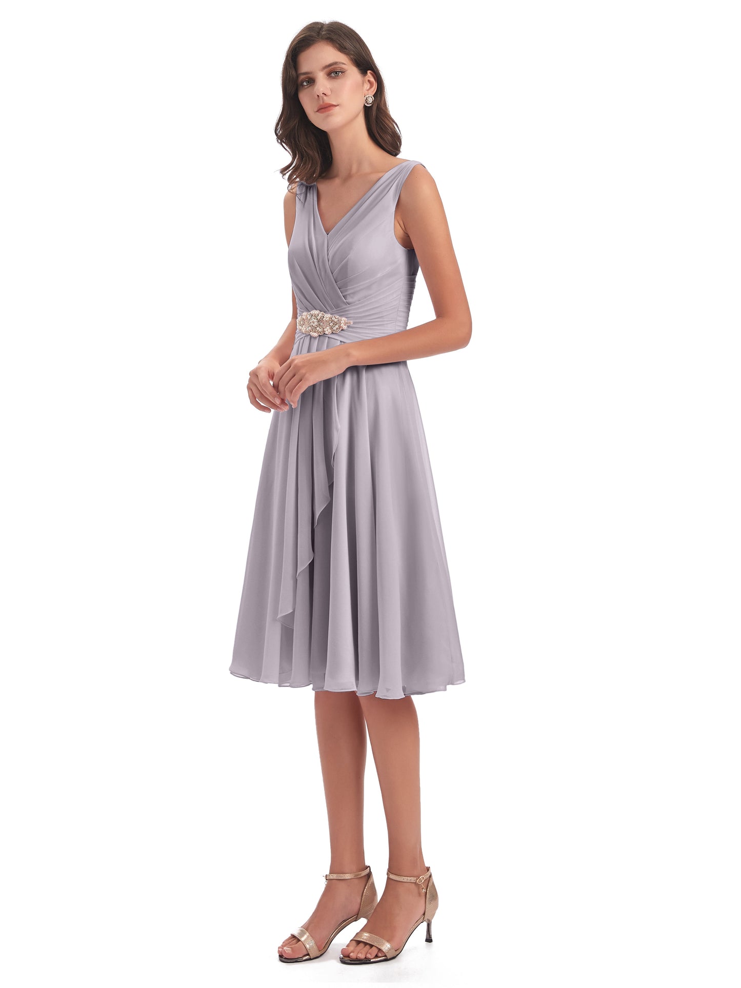 Caylee Knee Length V-neck Asymmetrical Chiffon Bridesmaid Dresses