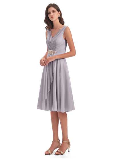 Caylee Knee Length V-neck Asymmetrical Chiffon Bridesmaid Dresses