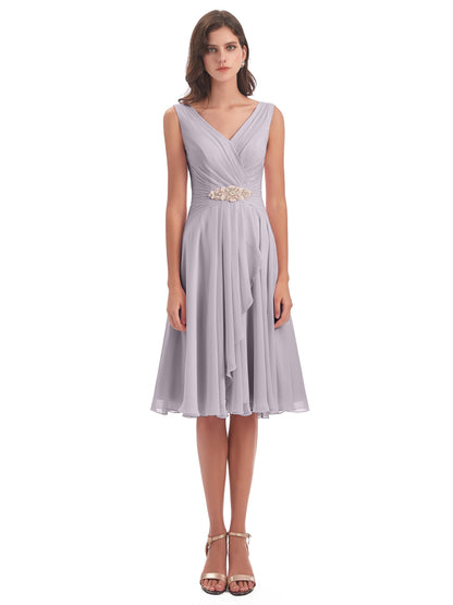 Caylee Knee Length V-neck Asymmetrical Chiffon Bridesmaid Dresses