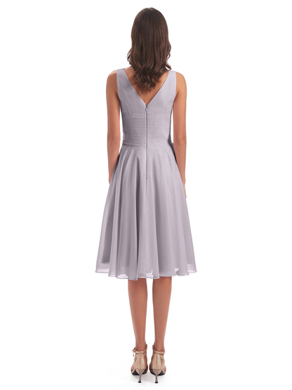 Caylee Knee Length V-neck Asymmetrical Chiffon Bridesmaid Dresses