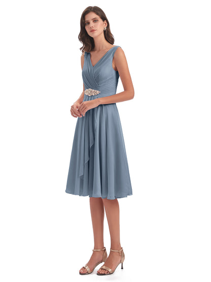 Caylee Knee Length V-neck Asymmetrical Chiffon Bridesmaid Dresses
