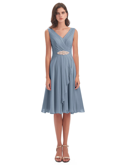 Caylee Knee Length V-neck Asymmetrical Chiffon Bridesmaid Dresses