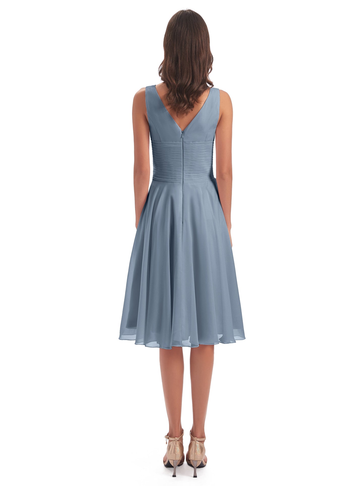 Caylee Knee Length V-neck Asymmetrical Chiffon Bridesmaid Dresses