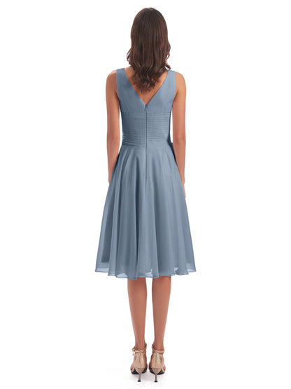 Caylee Knee Length V-neck Asymmetrical Chiffon Bridesmaid Dresses
