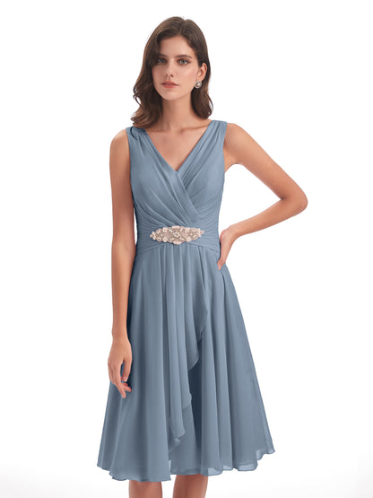 Caylee Knee Length V-neck Asymmetrical Chiffon Bridesmaid Dresses