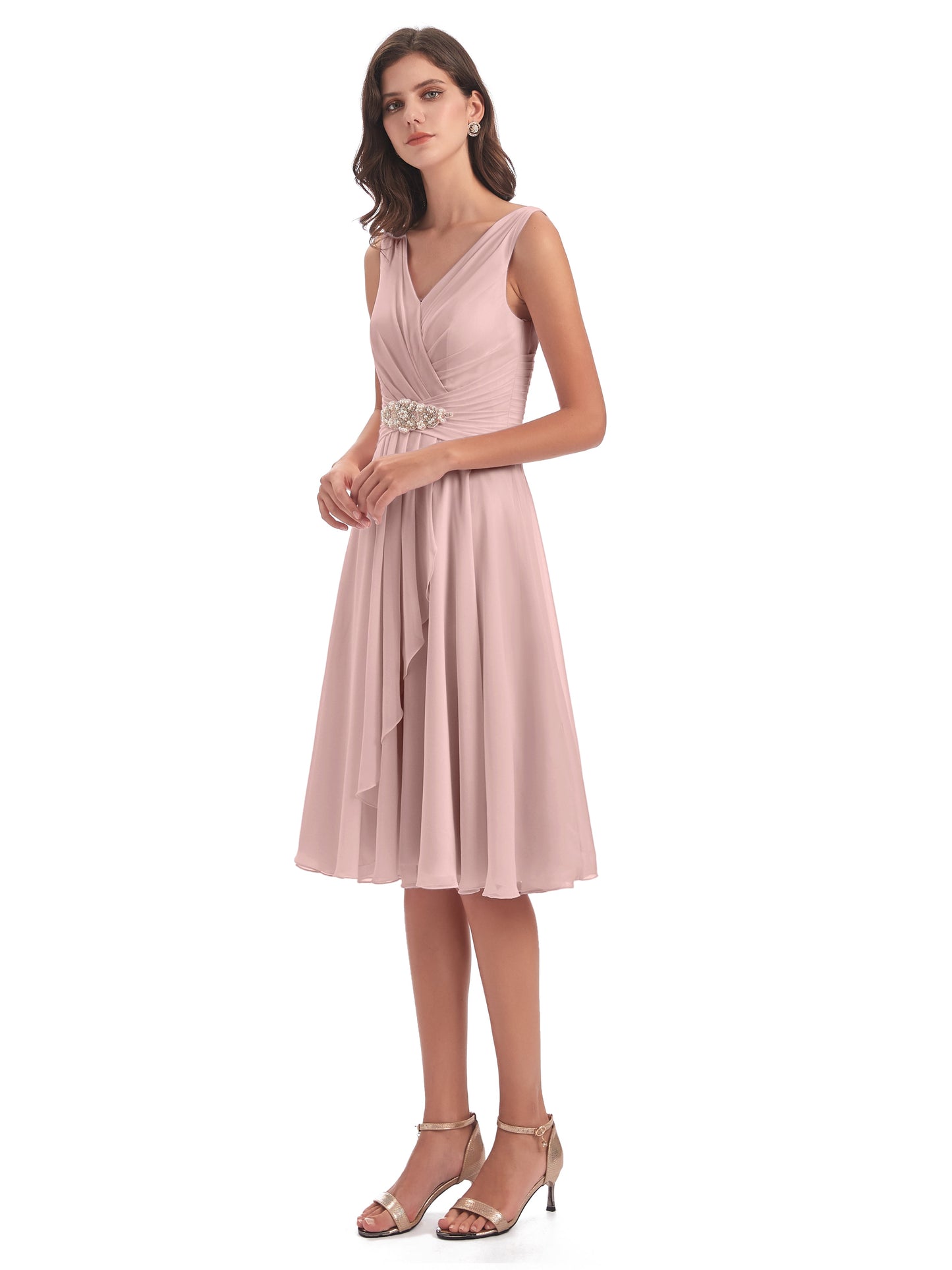 Caylee Knee Length V-neck Asymmetrical Chiffon Bridesmaid Dresses