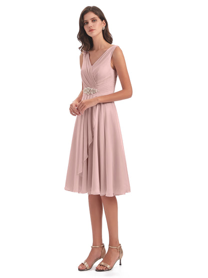 Caylee Knee Length V-neck Asymmetrical Chiffon Bridesmaid Dresses