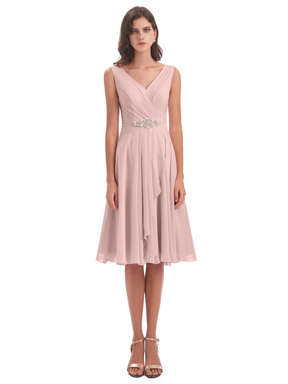 Caylee Knee Length V-neck Asymmetrical Chiffon Bridesmaid Dresses
