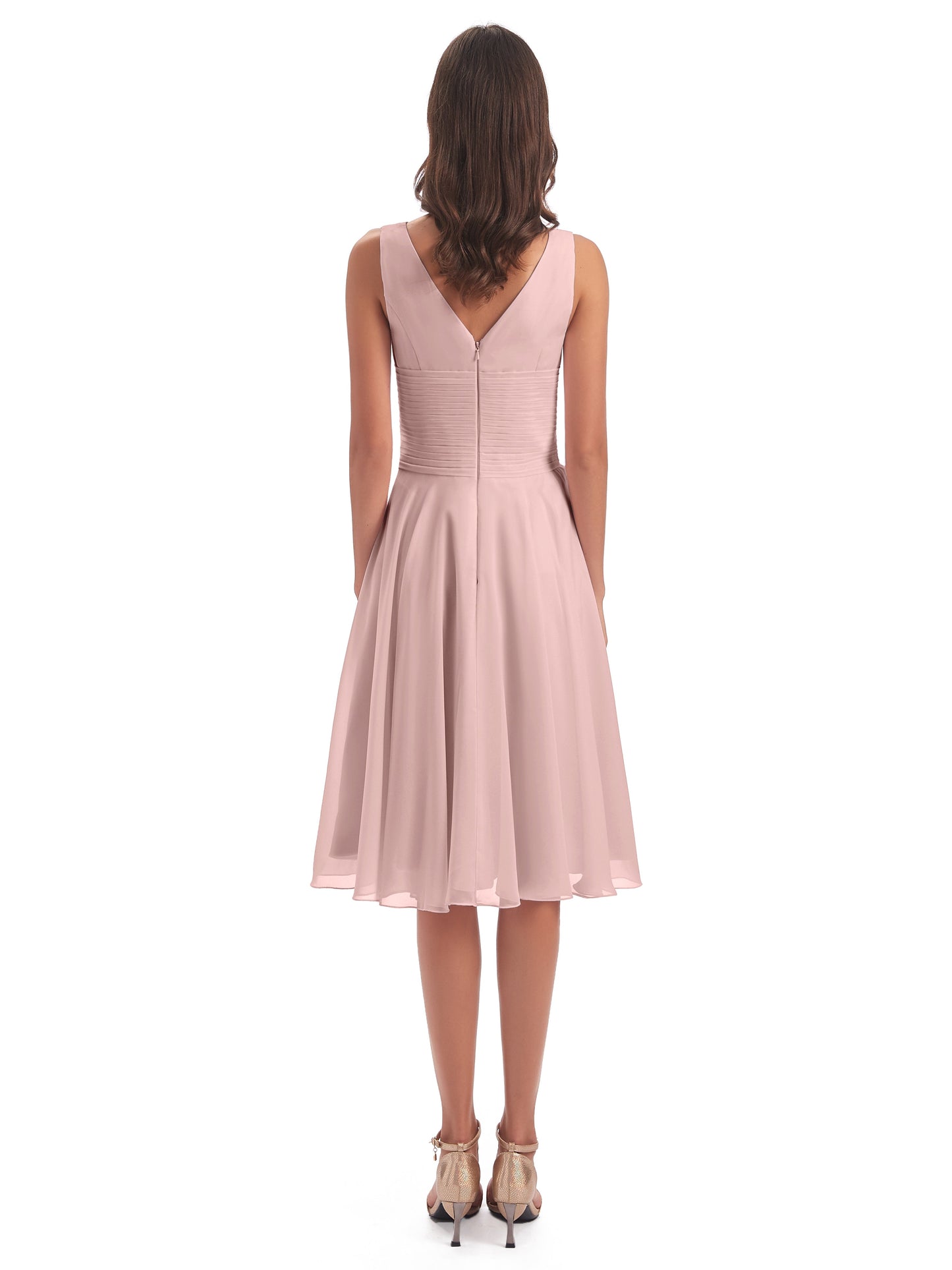 Caylee Knee Length V-neck Asymmetrical Chiffon Bridesmaid Dresses