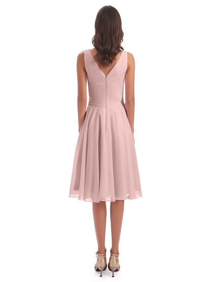 Caylee Knee Length V-neck Asymmetrical Chiffon Bridesmaid Dresses
