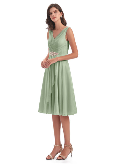 Caylee Knee Length V-neck Asymmetrical Chiffon Bridesmaid Dresses
